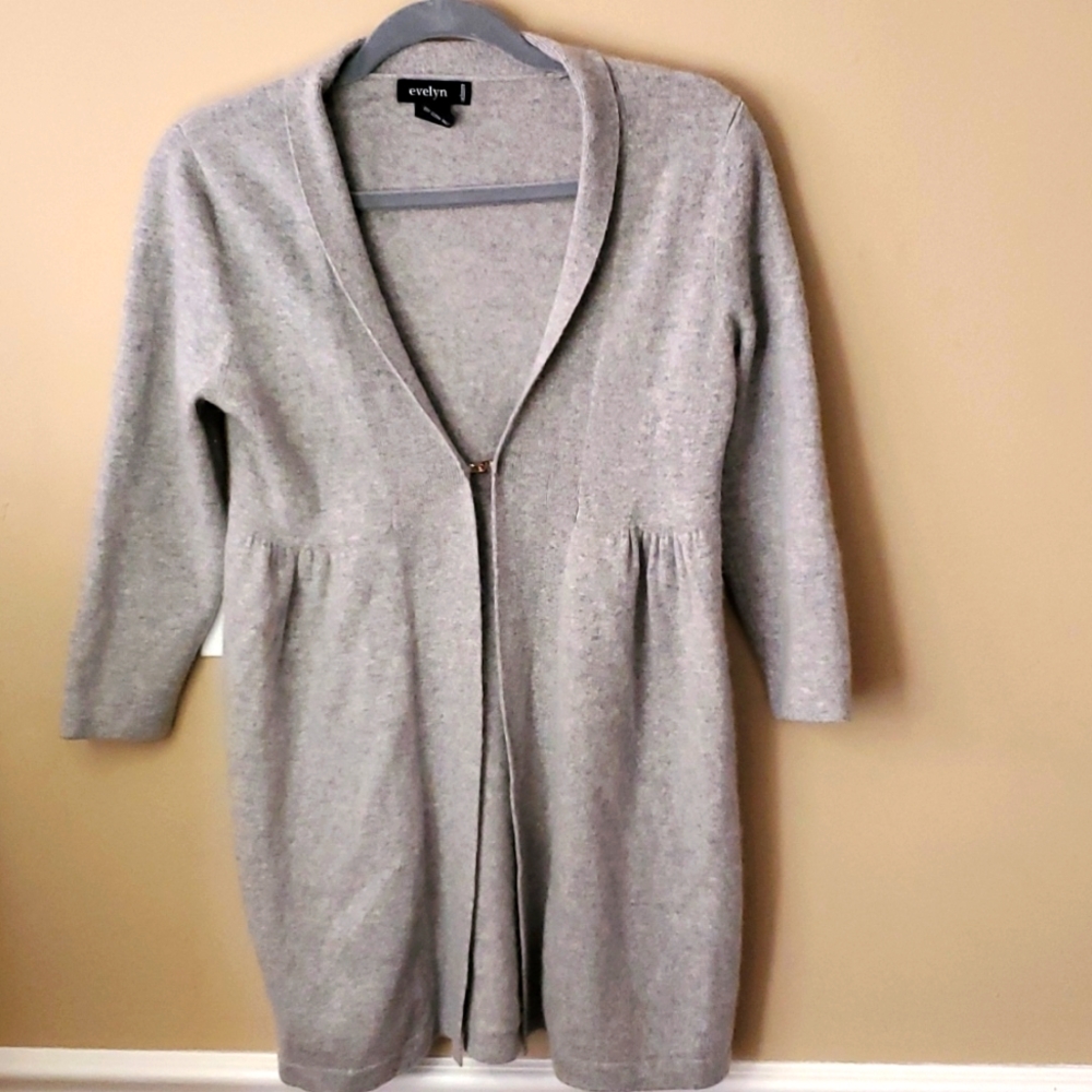 Evelyn 100% Cashmere Gray 3/4 Sleeve Cardigan With 1 Hook Closure Size M